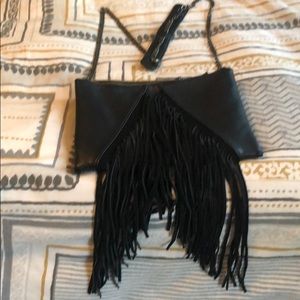 Black leather shoulder / cross-body with fringe